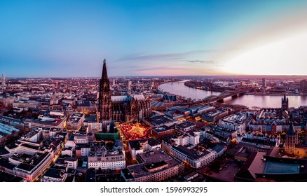 Cologne Germany Christmas Market, Aerial Drone View Over Cologne Rhine River Germany