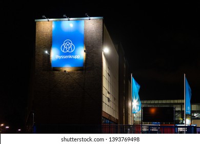 COLOGNE, GERMANY - May 02, 2019: thyssenkrupp Facility at night. Exterior of thyssenkrupp Schulte facility in Cologne, Germany.