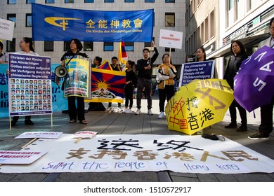 Cologne, Germany -September 14, 2019: Protest Against Christian Persecution In China. The Inscription In German: Christians Of The Church Of The Almighty God Died Because Of The Persecution