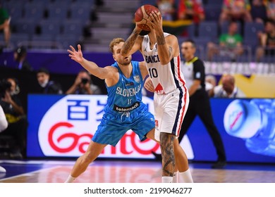 COLOGNE, GERMANY - SEPTEMBER 7, 2022: Jaka Blazic Vs Evan Fournier. The Basketball Match Of Eurobasket 2022 France Vs Slovenia