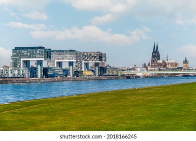 Cologne Koln, Germany, Panorama view of the Rhine River with Kranhaus Buildings, Rheinauhafen and Dom Cathedral 