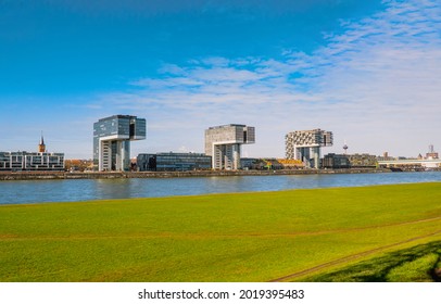 Cologne Koln, Germany, Panorama view of the Rhine River with Kranhaus Buildings on the Rheinauhafen