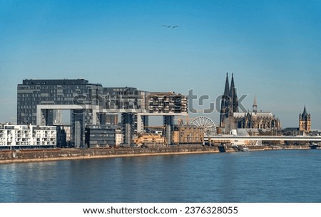 Cologne Kranhaus is a modern business center on the bank of Rhine river, Cologne, Germany
