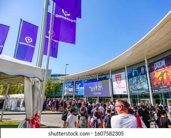 COLOGNE, NORTH RHINE-WESTPHALIA, GERMANY - AUGUST 24, 2019 Queue at the north entrance of the Gamescom 2019 exhibition center