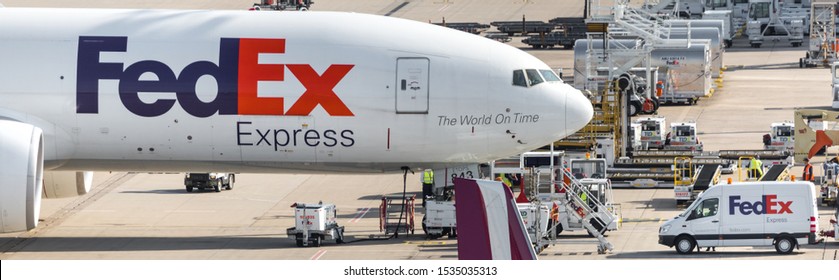 cologne, nrw/germany - 14 10 19: fedex cargo airplane at cologne bonn airport germany