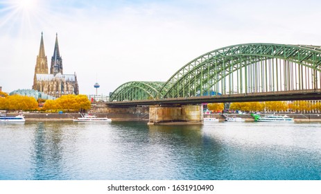 Cologne Over The Rhine River With Cruise Ship In Cologne, Germany