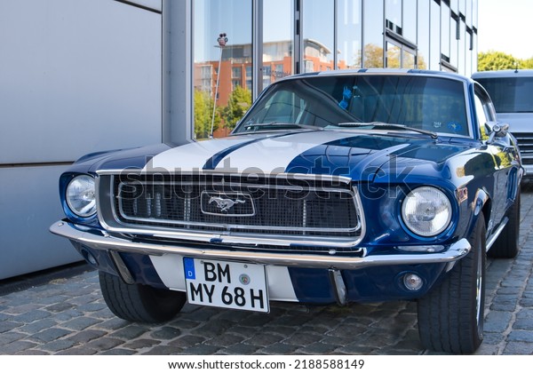 Cologne,Germany, 08-07-2022- Ford Mustang from the\
sixties at the oldtimer exhibition in Cologne, Germany, front\
view