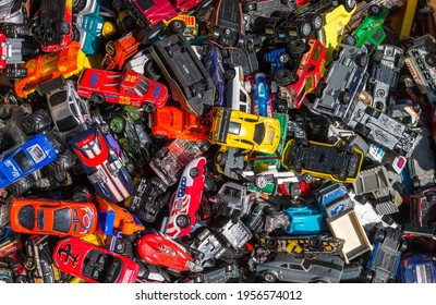 Coloma MI USA May 5 2019; A Box Of Collectable Hot Wheel And Match Box Cars Are For Sale At A Area Yard Sale