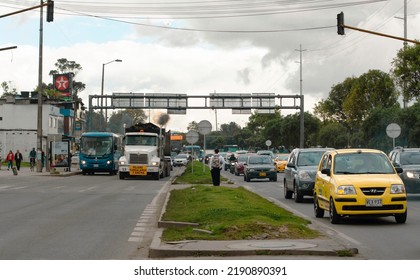 Colombia, Bogota, July 25 2022 : Traffic Jam In Bogota, Daily Urban Scene.