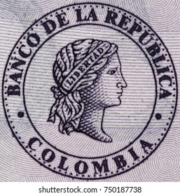 Colombia Central Bank (Banco De La Republica) Seal On 50000 Peso (2016) Banknote Closeup Macro, Colombian Money Close Up.