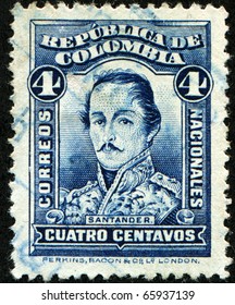 COLOMBIA - CIRCA 1883: A stamp printed in Colombia shows Francisco de Paula Santander - 4th President of the Republic of the New Granada, circa 1883