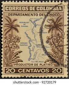 COLOMBIA - CIRCA 1940: A stamp printed in Colombia shows map of the department of Choco, producer of platinum, circa 1940