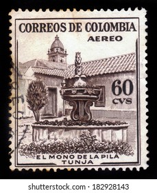 COLOMBIA - CIRCA 1954: A postage stamp printed in Colombia shows the La Pila del Mono Fountain in Tunja, circa 1954