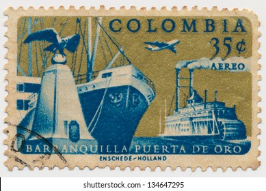 COLOMBIA - CIRCA 1961: A stamp printed in Colombia, shows Old and New Ships of Barranquilla, circa 1961