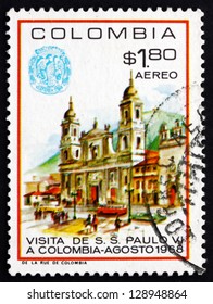 COLOMBIA - CIRCA 1968: a stamp printed in the Colombia shows Cathedral of Bogota, Visit of Pope Paul VI to Colombia, circa 1968