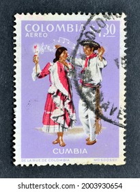 Colombia - circa 1971 : Cancelled postage stamp printed by Colombia, that shows Costumes and folk tunes of Cumbia, circa 1971.