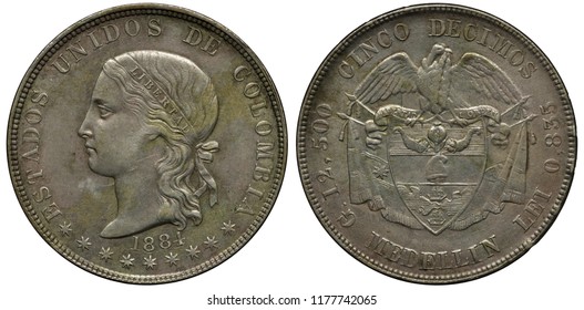 Colombia Colombian Silver Coin 5 Five Decimos (50 Fifty Centavos) 1884, Liberty Head Left, Arms, Shield With Designs In Front Of Crossed Flags, Condor With Wreath Above,