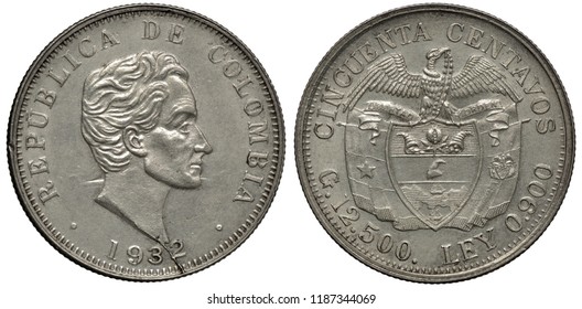 Colombia Colombian Silver Coin 50 Fifty Centavos 1932, Bolivar’s Head Right, Liberty Head Left, Arms, Shield With Designs In Front Of Crossed Flags, Condor With Garland Above,