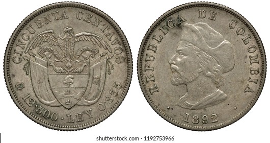 Colombia Colombian Silver Coin 50 Fifty Centavos 1892, Shield With Designs In Front Of Crossed Flags, Condor With Garland Above, Columbus’ Head Left,