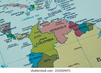 Colombia Country And Location On Map, Macro Shot And Close-up Of Venezuela On Map, Travel Idea, Vacation Concept, Latin Culture, South America Destination, Top View