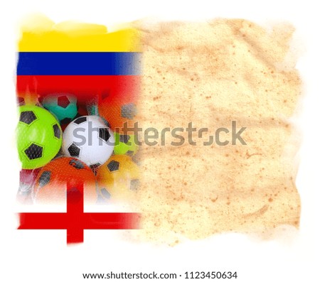 COLOMBIA and ENGLAND Flags with colorful soccer balls on original vintage parchment paper with  particular soft edges and space for your text