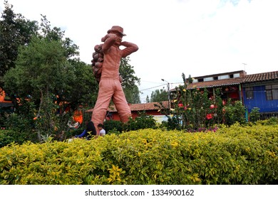 Ráquira, Boyacá, Colombia, February 16, 2019. Larger Than Life Clay Potter Sculpture In The Town's Main Square