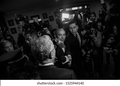 BOGOTÁ, COLOMBIA - OCTOBER 8, 2019: Alvaro Uribe Velez Arrives To The Palace Of Justice For The First Inquiry Made To A Ex-president Of Colombia For Fraud (Sebastián Barros).