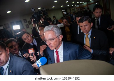 BOGOTÁ, COLOMBIA - OCTOBER 8, 2019: Alvaro Uribe Velez Arrives To The Palace Of Justice For The First Inquiry Made To A Ex-president Of Colombia For Fraud 