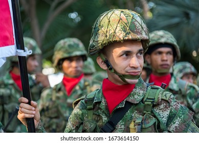 Colombian Army Soldiers In A Park In A Rural City Preparing For A National Celebration For The Independence Of The Nation. San Alberto. Cesar Colombia August 7, 2019.