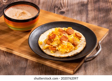 Colombian Breakfast With Arepa, Sausage And Egg - Traditional Food