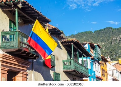 Colombian Flag On A Historic Building In La Candelaria Neighborhood In Bogota, Colombia