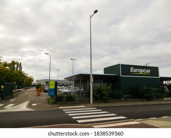 Colombier-Saugnieu / France - October 5, 2019: Europcar car rental airport office at Lyon-Saint Exupéry Airport, formerly known as Lyon Satolas Airport, is the international airport of Lyon.