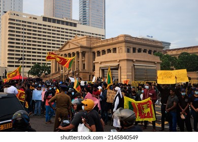 Colombo, Sri Lanka - April 10 2022: People protesting in the streets. Sri Lanka’s President Gotabaya Rajapaksa faces biggest street protest. Sri Lanka economic and politic crisis. Riot police