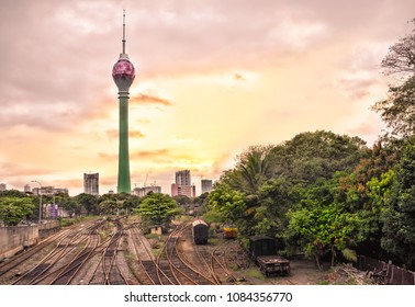 Colombo / Sri Lanka - March 17 2018: Colombo Lotus Tower Of Sri Lanka Cityscape On Sunset