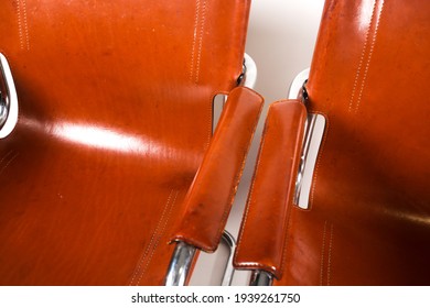 Colombo Tan Leather And Chrome Armchairs Designed By Marcel Breuer On A White Background