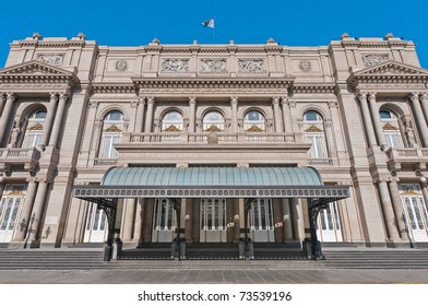 Colon Theatre facade on 9 de julio Avenue at Buenos Aires, Argentina