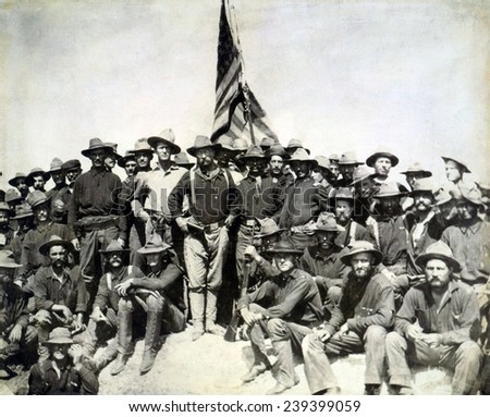 Colonel Roosevelt and his Rough Riders at the top of the hill which they captured, Battle of San Juan Hill during the Spanish American War.