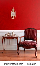 Colonial American Style Historic House Interior With Old Tea Tray Table And Antique Chair