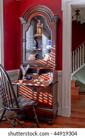 Colonial American Style House Interior With Old Desk And Antique Windsor Chair In A Historic Home