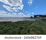 Colonial town of Colonia del Sacramento in Uruguay on Plata River - muddy waters on beach of shoreline