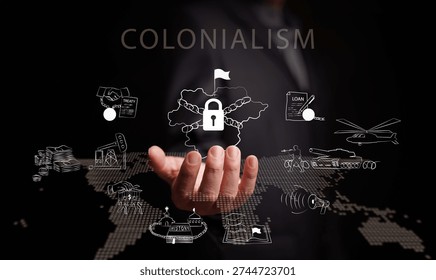 Colonialism concept featuring a hand seizing a globe restricted by chains and locks. Historical imperialism, national subjugation, global resource control, colonization, domination, neo-colonialism
