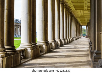 Colonnade And Shadow In Old Royal Naval College, University Of Greenwich, London.
