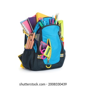 Color backpack with different school supplies isolated on white - Shutterstock ID 2008330439
