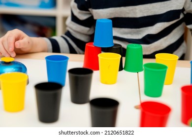 Color Cap Game. Sorting, Counting, Building. Children Activities. Logical Tasks For Kids. Concentration And Attention, Patience,  Montessori Methodology. Pursuit Of The Goal, Strategy, New Challenge.