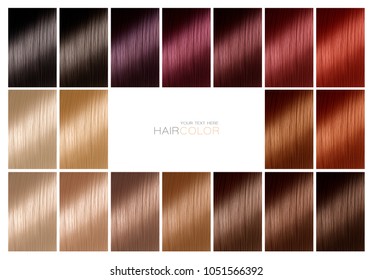 Color chart for hair dye. Hair color palette with a wide range of swatches arranged on a card in neat rows with central white copy space in a hair salon or styling concept. Tints. Hair colour set.