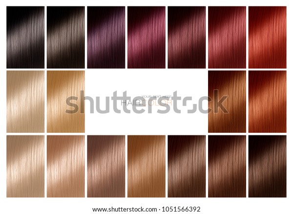 Color chart for hair dye. Hair color palette with a\
wide range of swatches arranged on a card in neat rows with central\
white copy space in a hair salon or styling concept. Tints. Hair\
colour set.