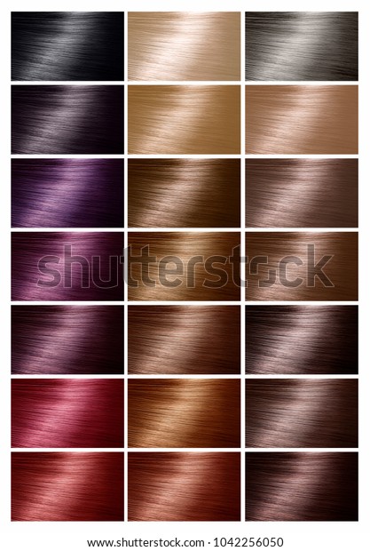 色合いの色グラフ さまざまなスウォッチを持つヘアカラーパレット カードに整列した染毛色の見本 濃淡 色セット 異なる色のヘアテクスチャー の写真素材 今すぐ編集