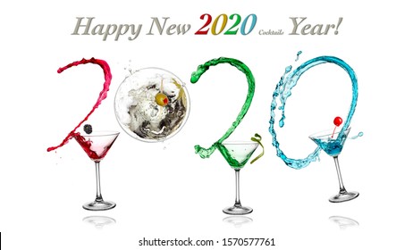 Color Cocktails In Martini Glasses Splash, Happy New 2020 Year!