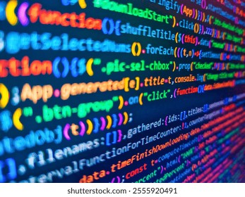 Color coding on screen. Blue unique background. Structured sql code on monitor. Binary code abstract pattern. Image of financial data over binary code on black background. Coding concept.