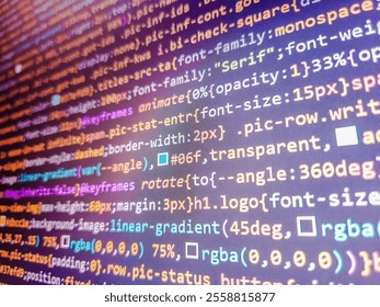 Color coding on screen. Digitally generated image of binary coding data processing against gradient concept. Double exposure of hacking theme drawings hologram on empty room interior background.